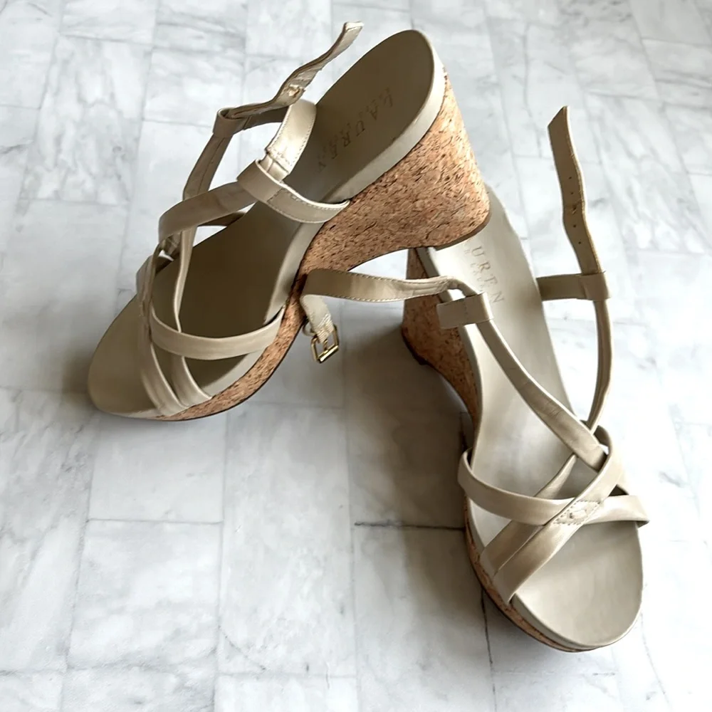 Lauren Ralph Lauren Strappy Leather Cork Wedges (Size 7.5)
